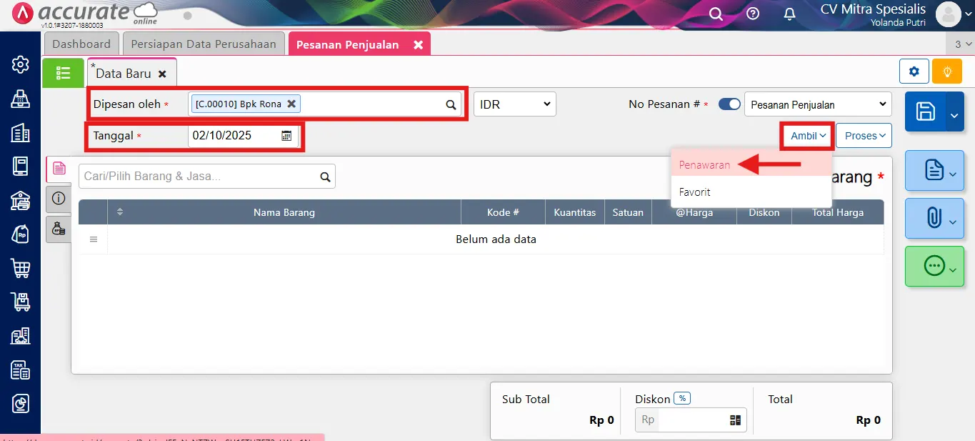 Catat pesanan penjualan dari penawaran penjualan